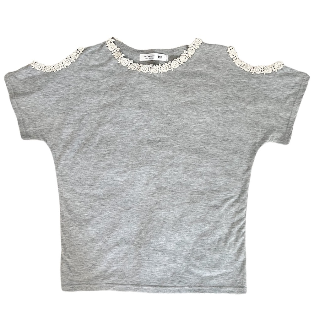 Cute Gray Top With Crochet Detail and Open Shoulder Size Small